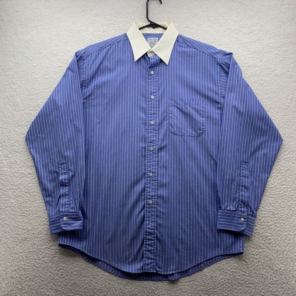 Brooks Brothers Dress Shirt Mens 15.5-4 Relaxed Fit Blue White Pinstripe Preppy